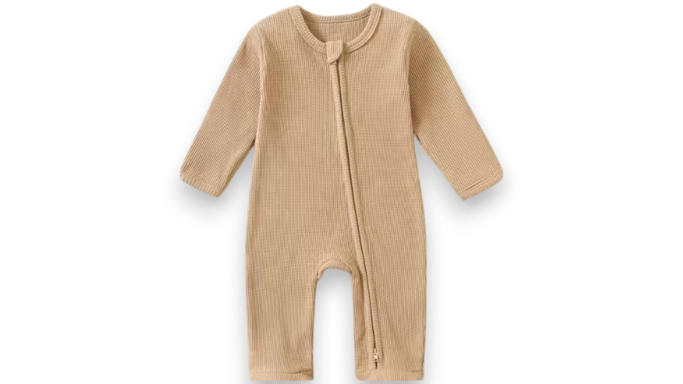 Baby Strampler aus Bio-Baumwolle – Waffelmuster, Reißverschluss, Langarm Pyjama für Jungen & Mädchen, 100% Baumwolle